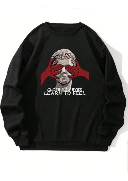 Close You Eyes Baskılı Bisiklet Yaka Ünisex Siyah Oversize Sweatshirt