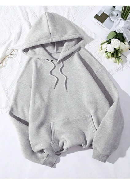 Düz Basic Ünisex Siyah Beyaz Gri Kapüşonlu Oversize Sweatshirt