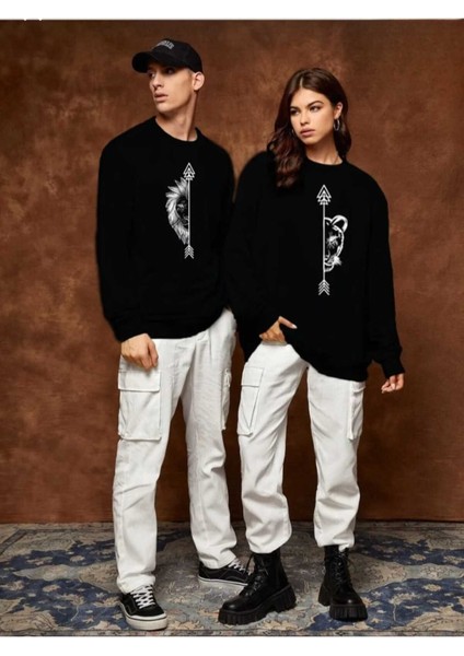 2'li Aslan/kaplan Baskılı Bisiklet Yaka Salaş Eşofman Üstü Oversize Sweatshirt