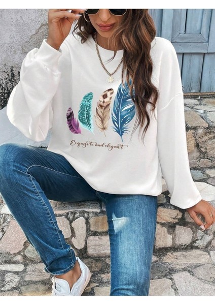 4 Tüy Baskılı Bisiklet Yaka Ünisex Beyaz Oversize Sweatshirt