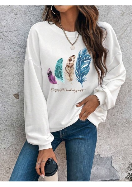 4 Tüy Baskılı Bisiklet Yaka Ünisex Beyaz Oversize Sweatshirt modelleri