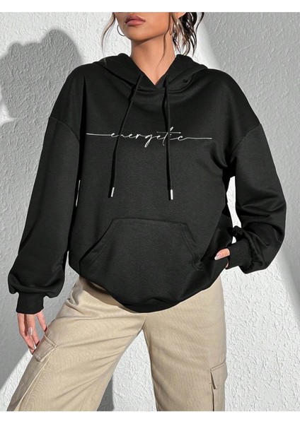 Energetic Baskılı Ünisex Siyah Kapüşonlu Oversize Sweatshirt