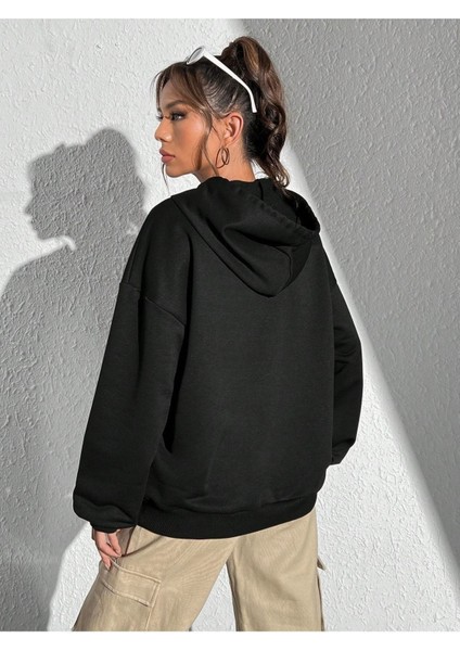 Energetic Baskılı Ünisex Siyah Kapüşonlu Oversize Sweatshirt