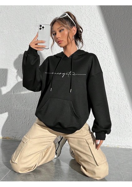 Energetic Baskılı Ünisex Siyah Kapüşonlu Oversize Sweatshirt