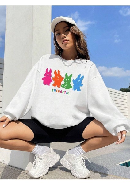 4'lü Tavşan Energetic Baskılı Bisiklet Yaka Ünisex Beyaz Oversize Sweatshirt