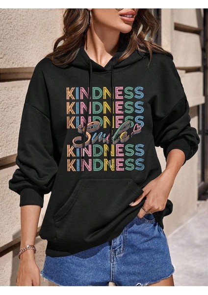 Kındness Smile Baskılı Ünisex Siyah Kapüşonlu Oversize Sweatshirt modelleri