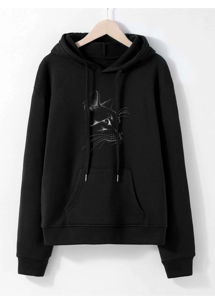 Unisex Kedi Baskılı Kapüşonlu Tasarım Hoodie