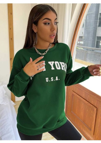 New York U.s.a Baskılı Bisiklet Yaka Ünisex Oversize Sweatshirt