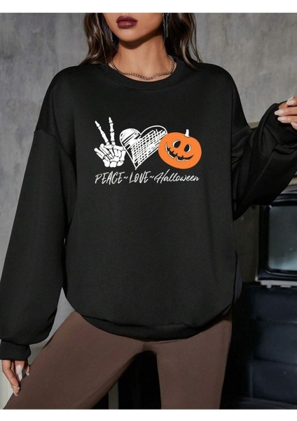 Peace Love Halloween Baskılı Bisiklet Yaka Ünisex Siyah Oversize Sweatshirt