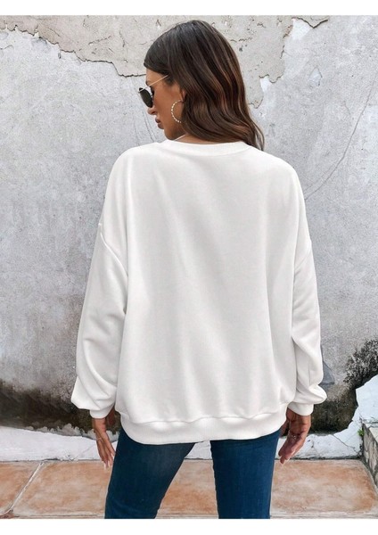 Sus Işaretli Kırmızı Rujlu Kadın Baskılı Bisiklet Yaka Ünisex Beyaz Oversize Sweatshirt fiyatları