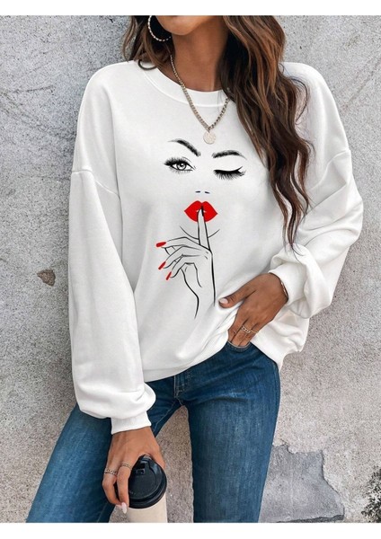 Sus Işaretli Kırmızı Rujlu Kadın Baskılı Bisiklet Yaka Ünisex Beyaz Oversize Sweatshirt modelleri