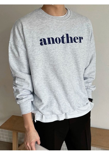 Another Baskılı Gri Bisiklet Yaka Oversize Sweatshirt