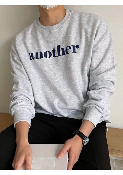 Another Baskılı Gri Bisiklet Yaka Oversize Sweatshirt