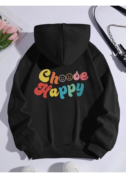 Choose Happy Baskılı Kapüşonlu Oversize Sweatshirt