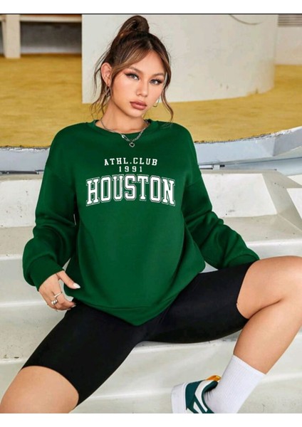 Houston Baskılı Bisiklet Yaka Ünisex Oversize Sweatshirt