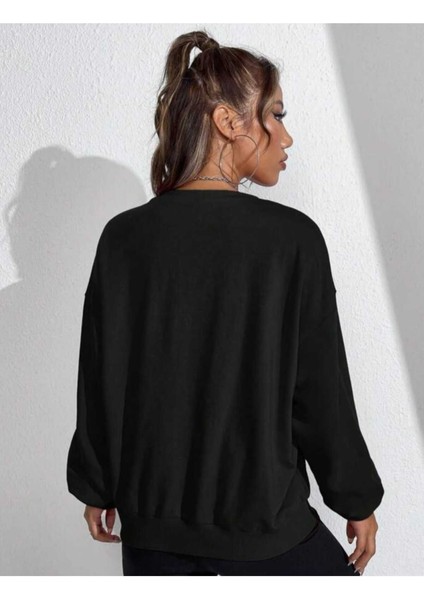 Ayıcık Baskılı Bisiklet Yaka Ünisex Siyah Oversize Sweatshirt fiyatları
