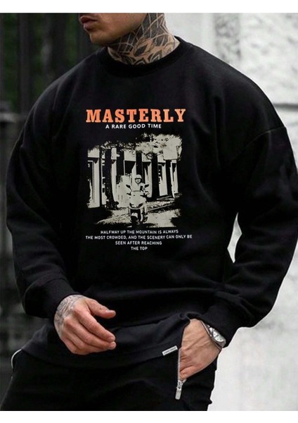 Masterly Baskılı Bisiklet Yaka Ünisex Siyah Oversize Sweatshirt