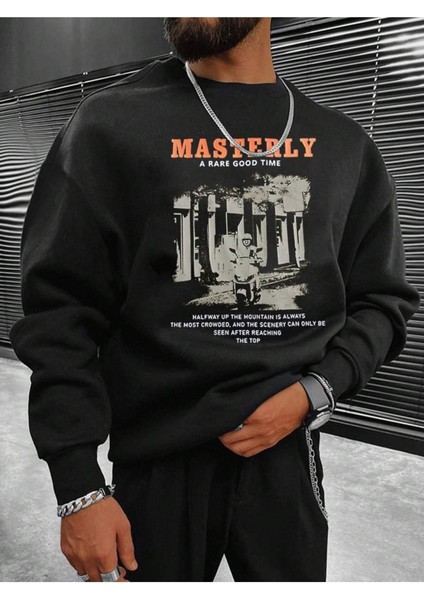Masterly Baskılı Bisiklet Yaka Ünisex Siyah Oversize Sweatshirt modelleri