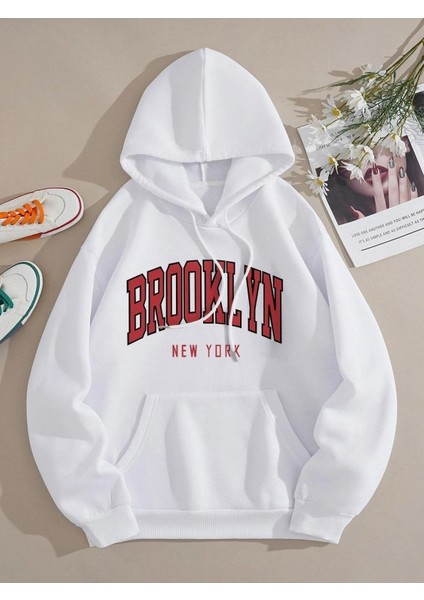 Brooklyn New York Baskılı Ünisex Kapüşonlu Oversize Sweatshirt