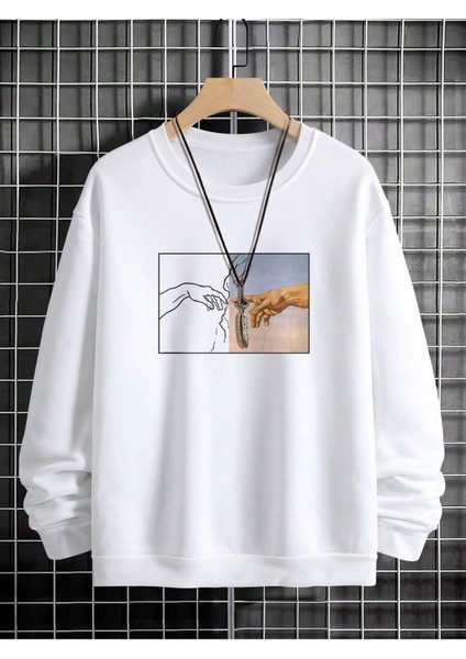 Varoluş Baskılı Bisiklet Yaka Ünisex Oversize Sweatshirt