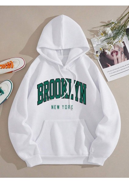 Brooklyn New York Baskılı Ünisex Kapüşonlu Oversize Sweatshirt