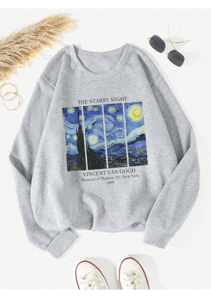 Unisex Yıldızlı Gece Baskılı Oversize Bisiklet Yaka Sweatshirt