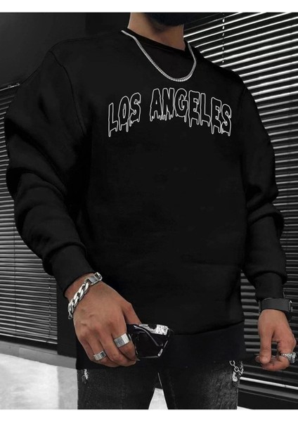 Los Angeles Baskılı Bisiklet Yaka Ünisex Siyah Oversize Sweatshirt