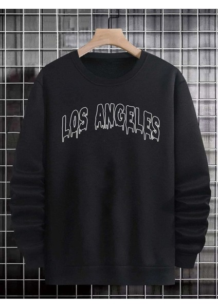 Los Angeles Baskılı Bisiklet Yaka Ünisex Siyah Oversize Sweatshirt fiyatları