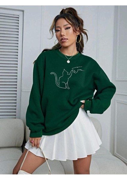 Kedi Dostu Baskılı Bisiklet Yaka Ünisex Oversize Sweatshirt
