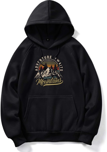 Unisex Mountain Baskılı Oversize Kapüşonlu Sweatshirt