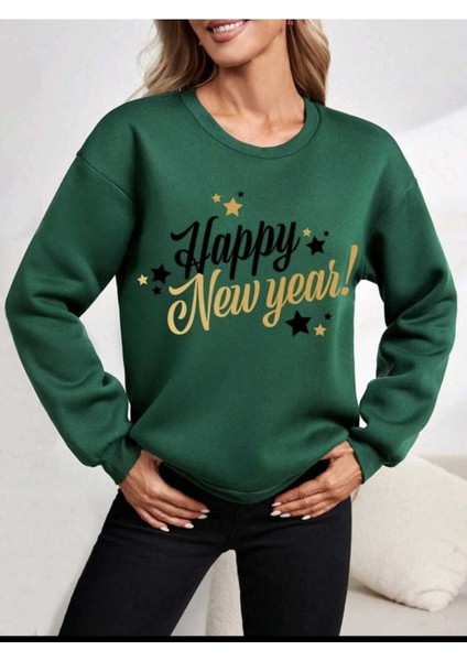 Yeni Yıl Basklı Bisiklet Yaka Yeşil Ünisex Oversize Sweatshirt