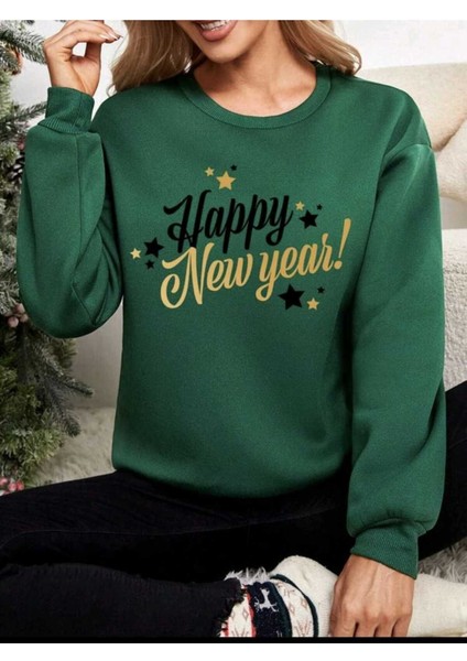 Yeni Yıl Basklı Bisiklet Yaka Yeşil Ünisex Oversize Sweatshirt modelleri