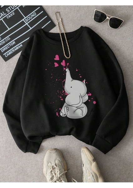 Sevimli Fil Kalpli Baskılı Bisiklet Yaka Ünisex Siyah Oversize Sweatshirt