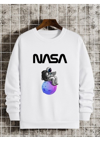 Nasa Baskılı Bisiklet Yaka Ünisex Oversize Sweatshirt
