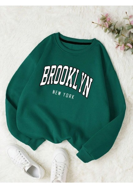 Brooklyn New York Baskılı Bisiklet Yaka Ünisex Oversize Sweatshirt
