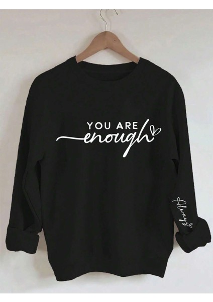Enough Always Baskılı Bisiklet Yaka Oversize Sweatshirt