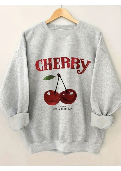 Cherry Baskılı Bisiklet Yaka Kadın Sweatshirt