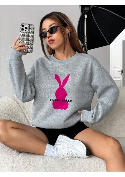 Especıally Tavşan Baskılı Bisiklet Yaka Ünisex Gri Oversize Sweatshirt