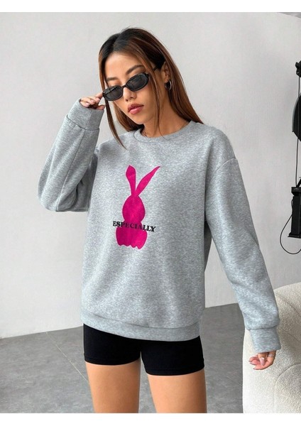 Especıally Tavşan Baskılı Bisiklet Yaka Ünisex Gri Oversize Sweatshirt modelleri
