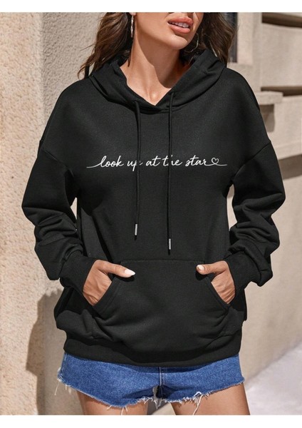 Look Up At Baskılı Ünisex Siyah Kapüşonlu Oversize Sweatshirt