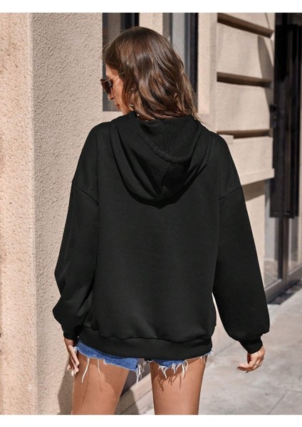 Look Up At Baskılı Ünisex Siyah Kapüşonlu Oversize Sweatshirt