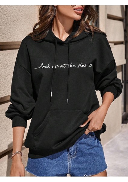 Look Up At Baskılı Ünisex Siyah Kapüşonlu Oversize Sweatshirt