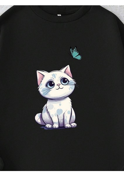 Kedi ile Kelebek Baskılı Bisiklet Yaka Ünisex Siyah Oversize Sweatshirt fiyatları