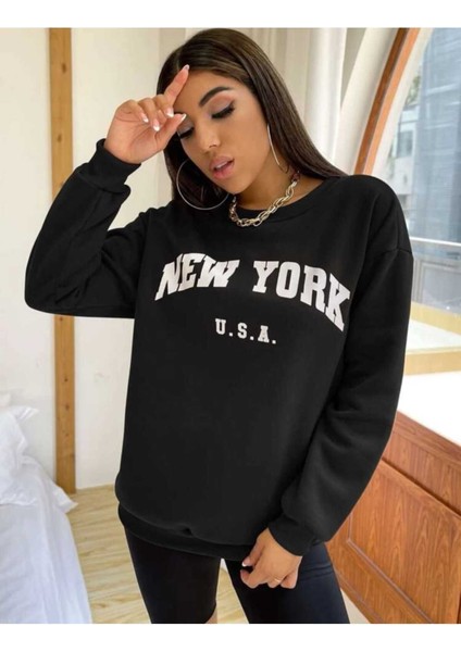 New York U.s.a Baskılı Bisiklet Yaka Ünisex Oversize Sweatshirt