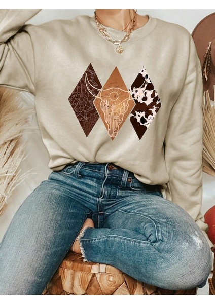 Unisex Bisiklet Yaka Baskılı Oversize Kesim Sweatshirt