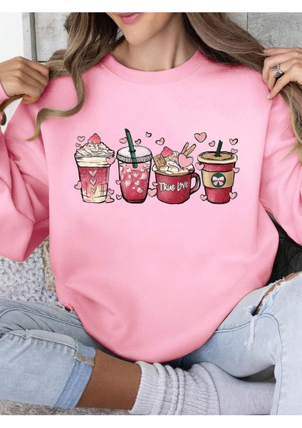 Coffee Baskılı Bisiklet Yaka Unisex Kadın Oversize Sweatshirt