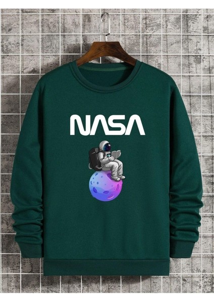 Nasa Baskılı Bisiklet Yaka Ünisex Oversize Sweatshirt