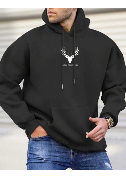 Meet You Baskılı Erkek Kapüşonlu Kanguru Cep Ünisex Oversize Sweatshirt