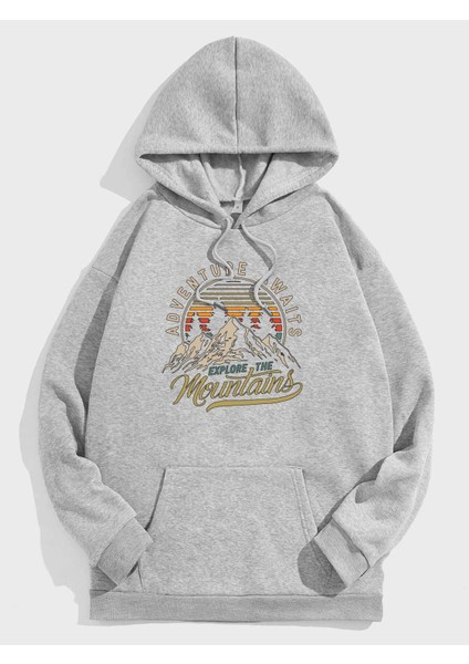 Unisex Mountain Baskılı Oversize Kapüşonlu Sweatshirt