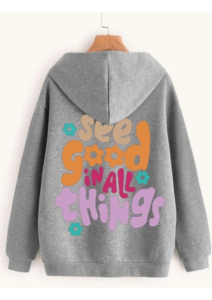 Gri See Good Baskılı Oversize Kapüşonlu Sweatshirt
